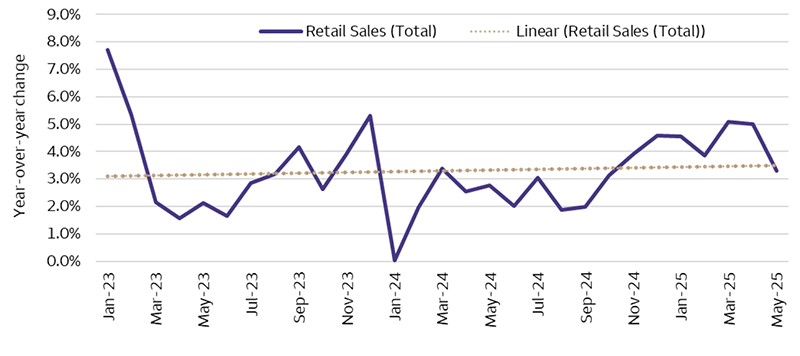 The line chart shows the year-over-year percentage change for the monthly data series Advanced Monthly Retail Sales, Retail Trade and Food Services excluding Automobiles on a Seasonally Adjusted basis. The data series is from January 1, ,2023 through May 31, 2025. The chart shows a fairly stable, albeit a bit erratic from month to month, trend in advanced monthly retail sales over the specified time period. An overlay of a linear trendline reinforces that there has been a stable trend in the data series between 3.0% – 3.5%.